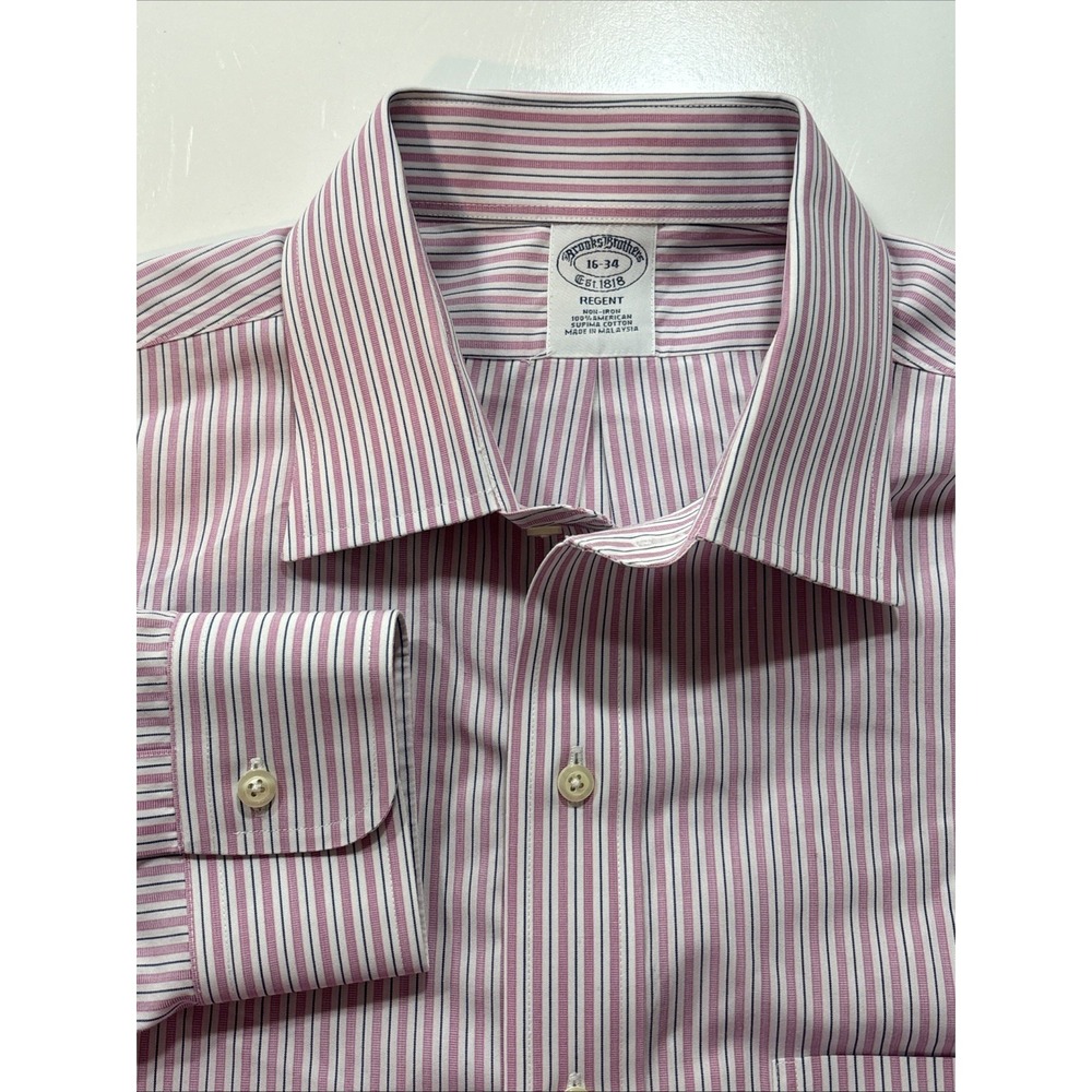 Brooks Brothers Shirt Regent Fit Men's 16/34 Pink Navy Striped Non-Iron‎ READ